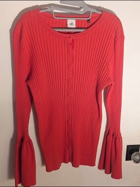CAbi Coral Ribbed Stretch Knit Button Sweater With Bell Trumpet Sleeves